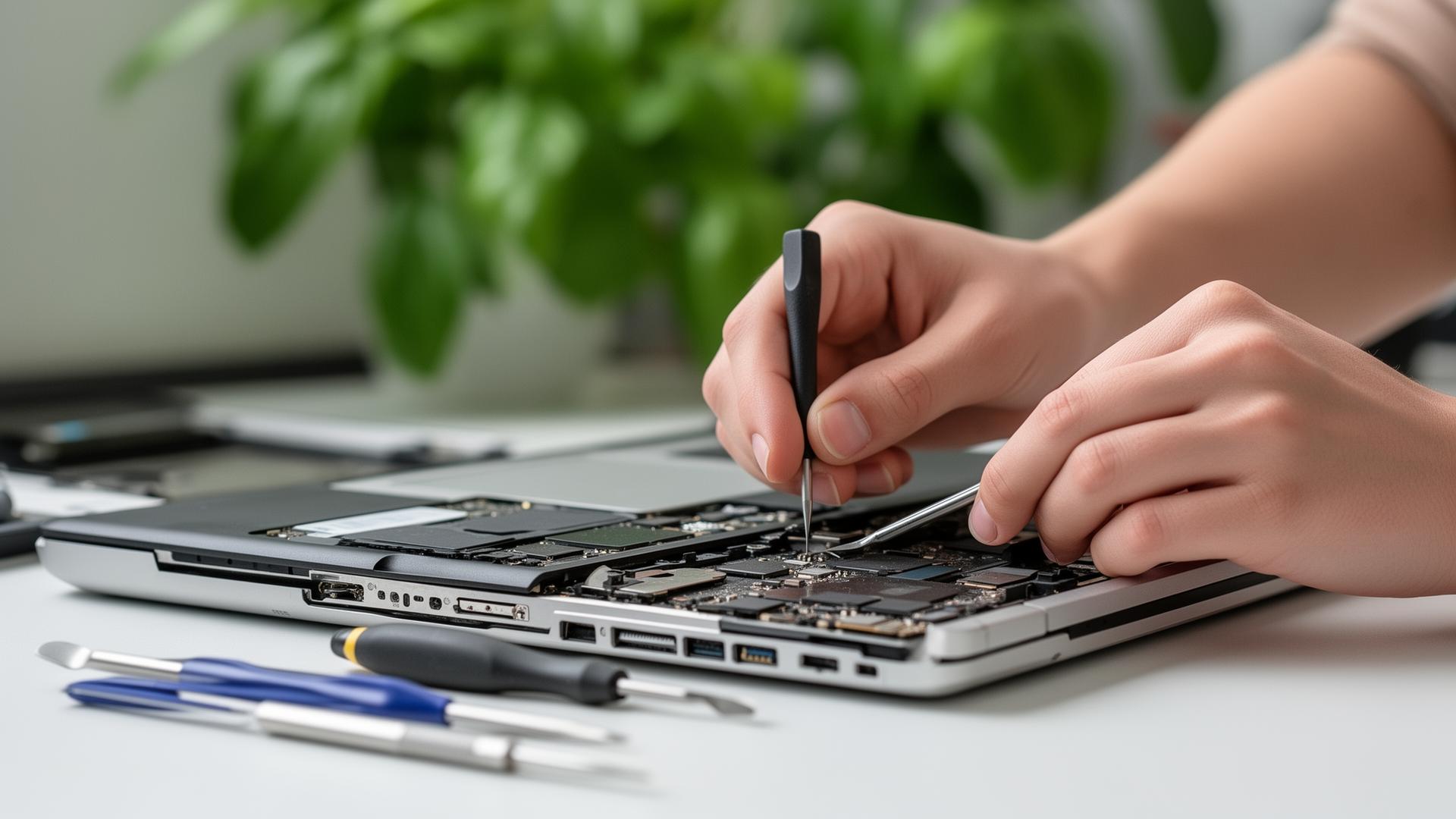 Técnico desmontando um notebook com ferramentas de precisão